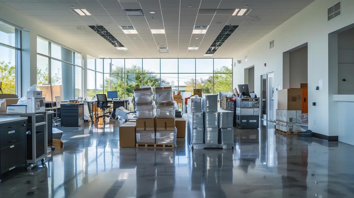 a clean and modern houston office space showcases a professional team efficiently sorting and removing various items in a streamlined junk removal process, highlighting organization and teamwork.
