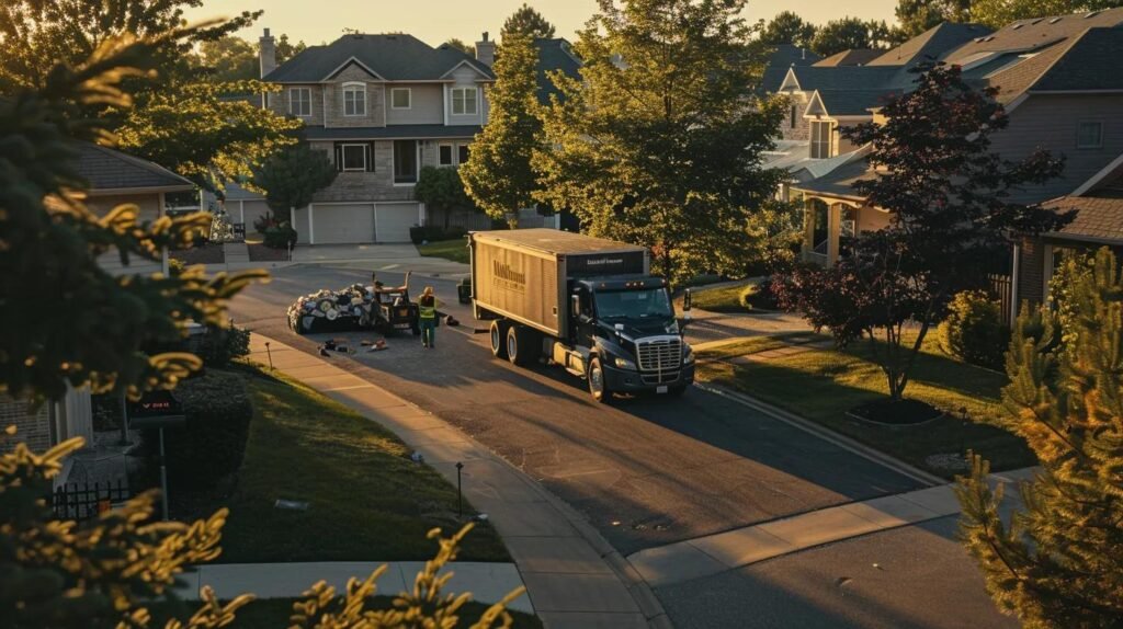 a dynamic urban scene captures a professional junk removal crew efficiently clearing clutter from a residential driveway, with a bright truck prominently displaying its branding against a backdrop of suburban homes.