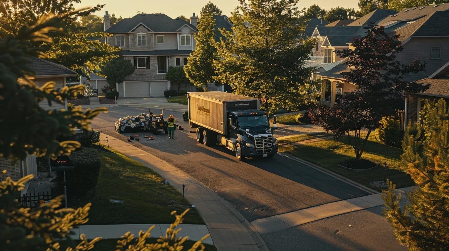 a dynamic urban scene captures a professional junk removal crew efficiently clearing clutter from a residential driveway, with a bright truck prominently displaying its branding against a backdrop of suburban homes.