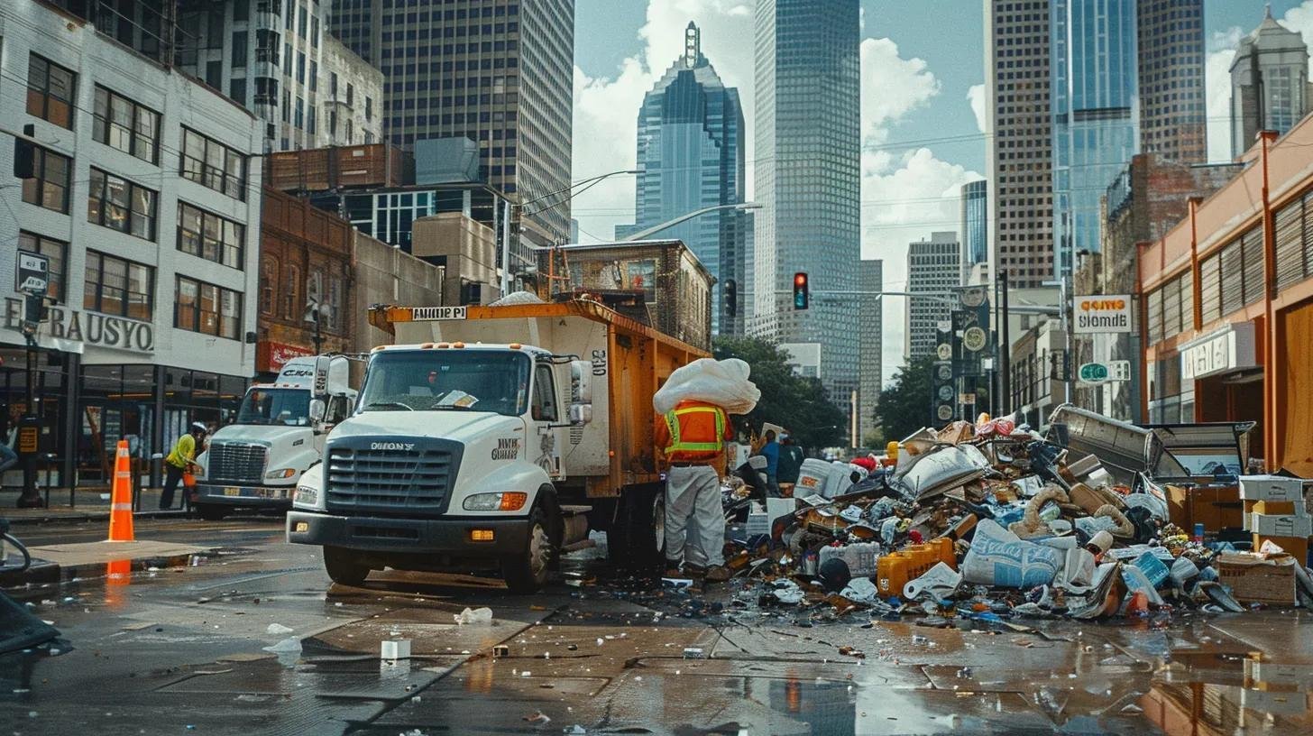 a dynamic urban scene showcasing a professional junk removal team efficiently clearing clutter from a bustling houston street, with city skyscrapers in the background and vibrant signage reflecting local culture.