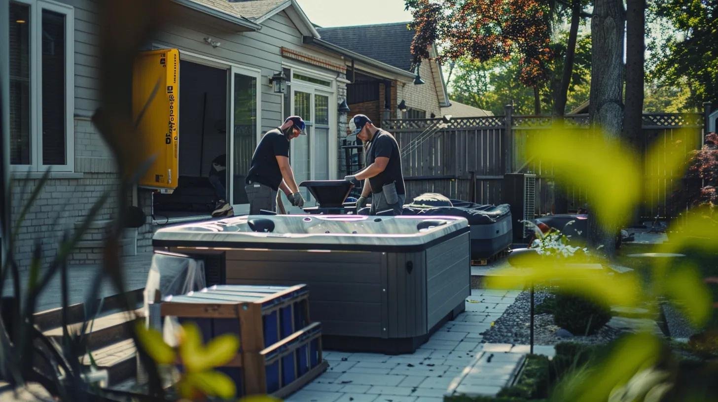 Professional team safely removing a hot tub with equipment, minimizing property damage.