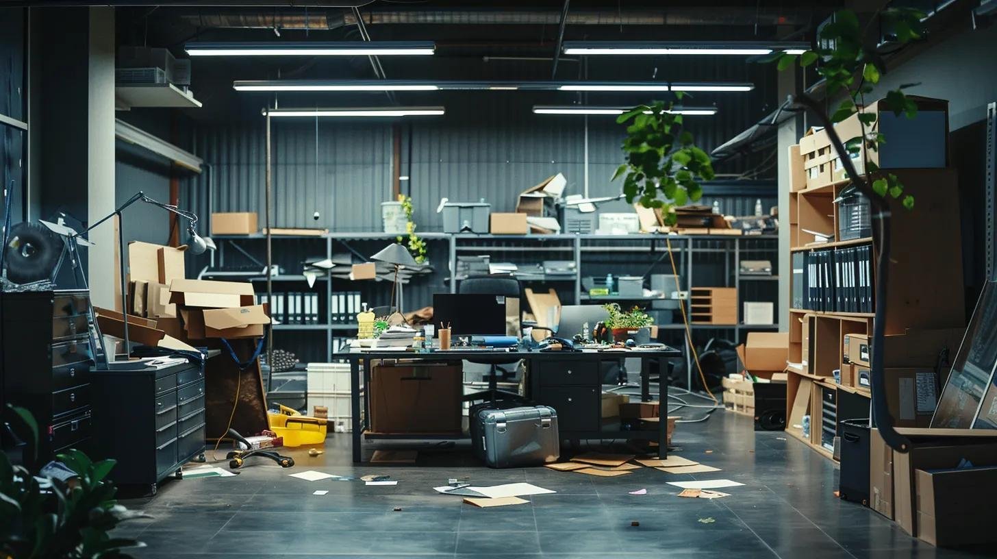 a professional and dynamic office environment where a punctual team efficiently removes clutter from a commercial space, showcasing various discarded furniture and appliances organized for environmentally friendly disposal, illuminated by bright overhead lights to emphasize the streamlined process.