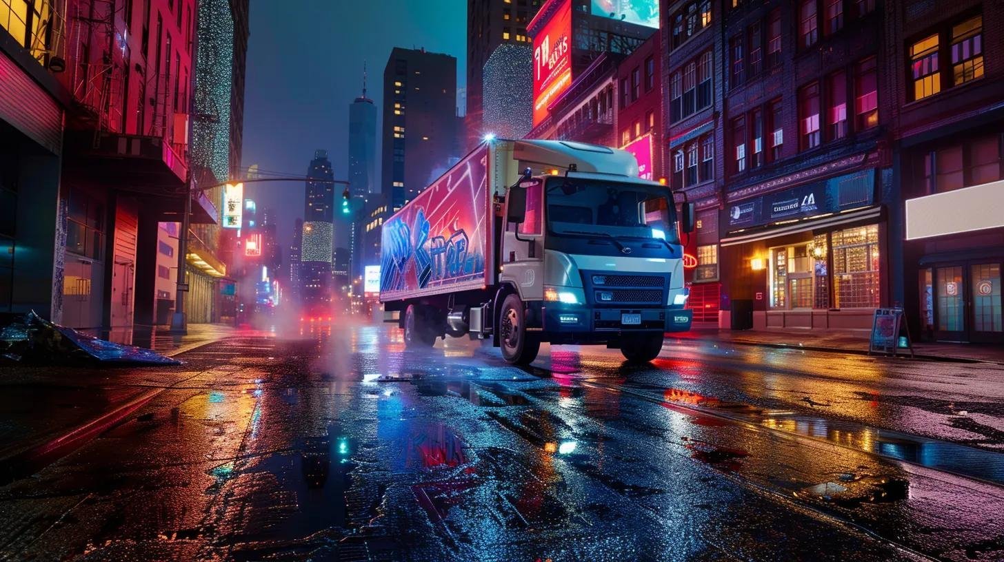 a sleek, modern truck emblazoned with vibrant branding backs into a bustling urban area, surrounded by neatly piled junk awaiting swift removal, illuminated by high-contrast city lights that emphasize the efficiency of the service.