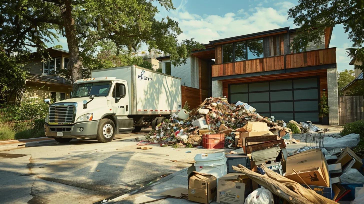 an organized urban junk removal service at work, showcasing a sleek truck parked outside a modern houston residence, surrounded by neatly collected piles of various discarded items waiting for pickup.