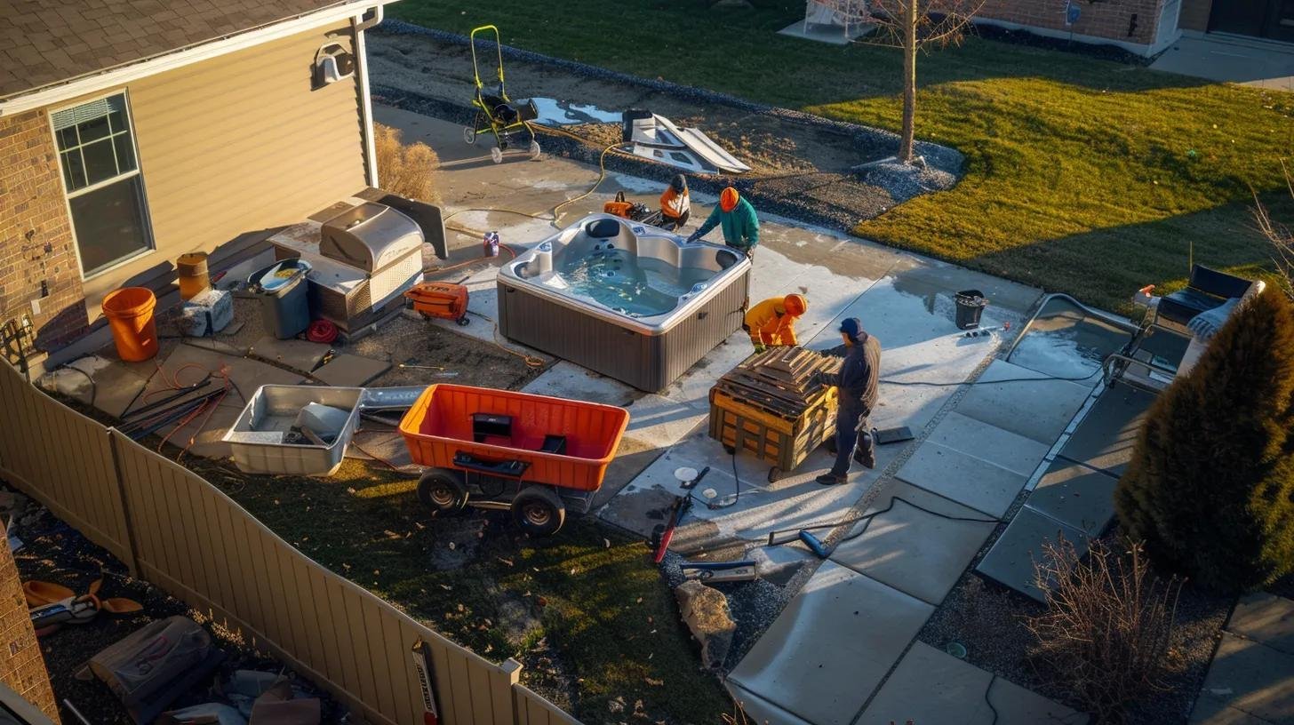 Image depicting professional hot tub removal with tools and equipment for dismantling.